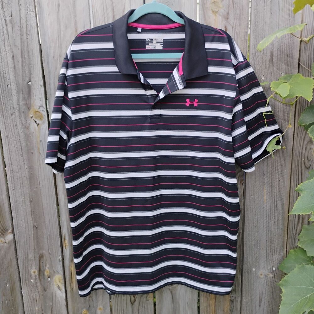 Under Armour Heatgear Black & Pink Striped Loose Polo Shirt 2XL Activewear Golf